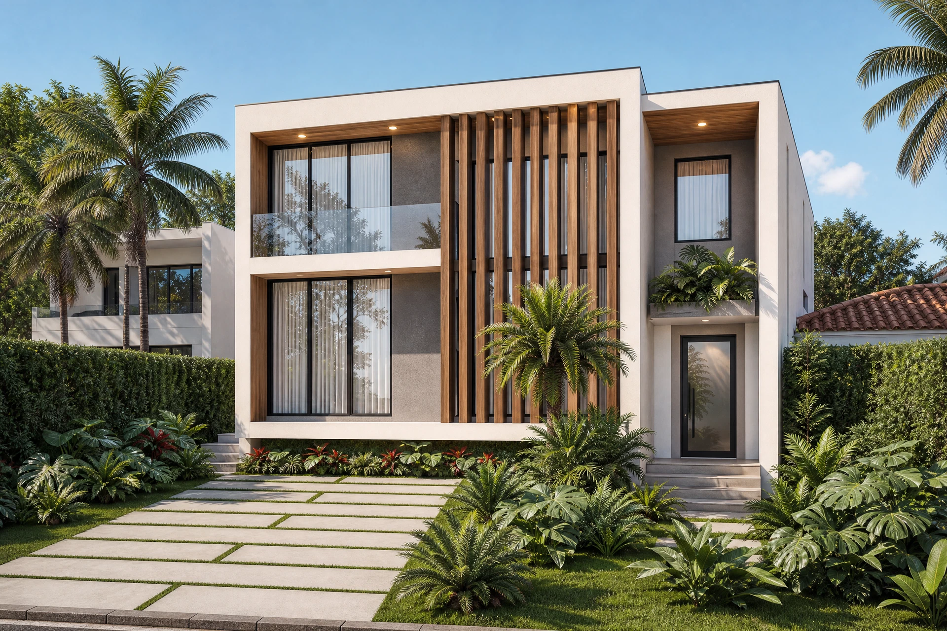 Conceptual exterior visualization of Model 02, a narrow-lot contemporary residence